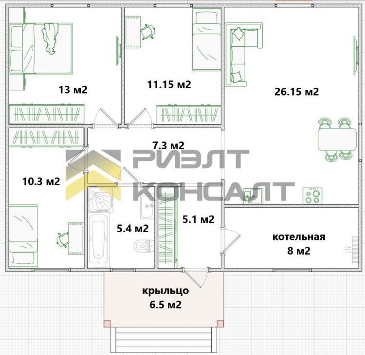 Дом, 93м², 8 соток, 1 этаж, 3 комн., стены: Кирпич миниатюра 6