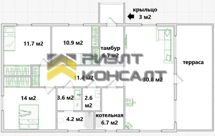 Дом, 130м², 6.50 соток, 1 этаж, 3 комн., стены: Газоблоки миниатюра 4