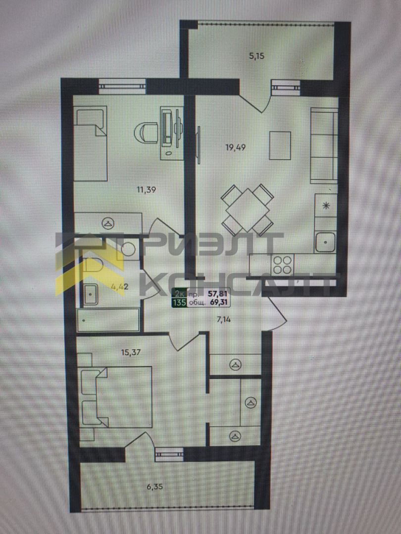 2-комн. квартира, Новостройка, 69.31м², 3/6 этаж миниатюра 7