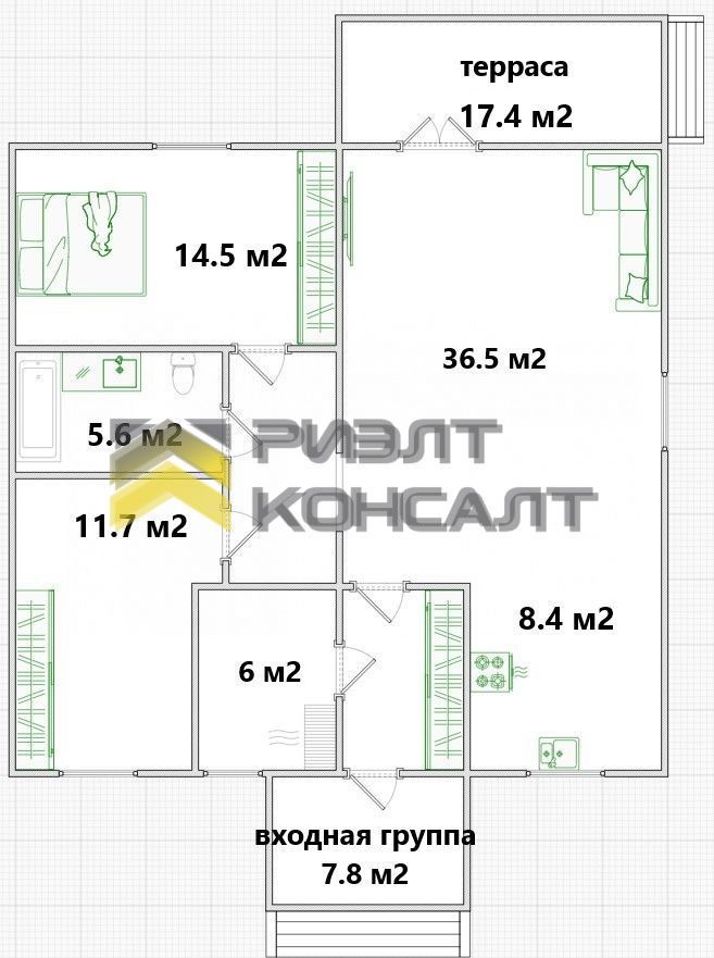 Дом, 110м², 5.40 соток, 1 этаж, 3 комн., стены: Кирпич миниатюра 16