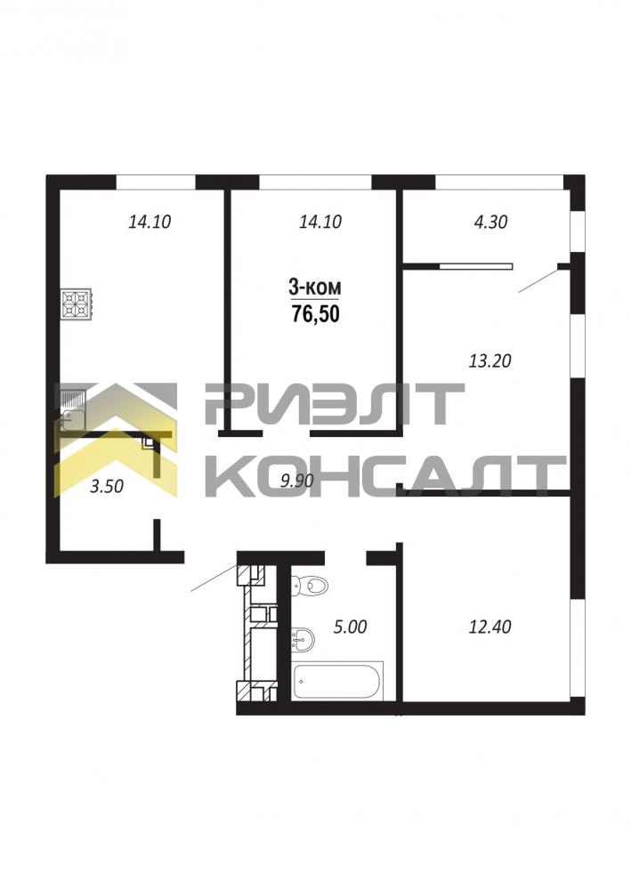3-комн. квартира, Новостройка, 76.50м², 13/14 этаж миниатюра 7