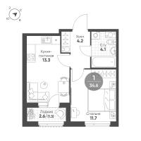 1-комн. квартира, Новостройка, 34.60м²