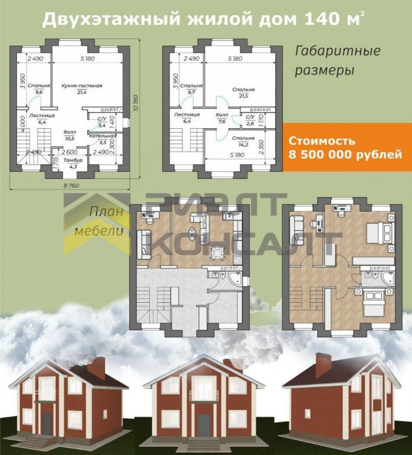Дом, 137м², 8 соток, 2 этажа, 4 комн., стены: Газоблоки миниатюра 2