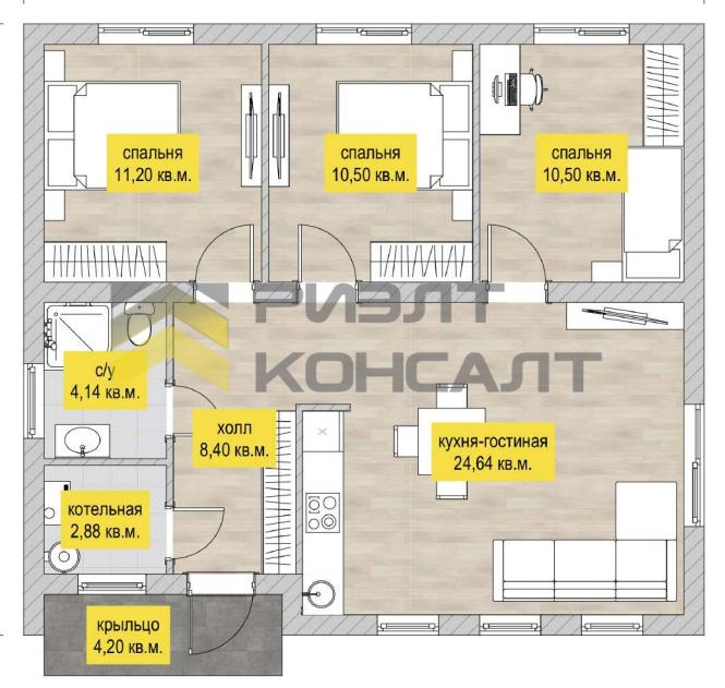 Дом, 91.80м², 8 соток, 1 этаж, 3 комн., стены: Кирпич миниатюра 4