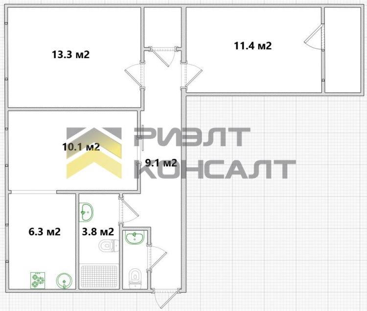3-комн. квартира, Вторичка, 57.10м², 1/9 этаж миниатюра 11