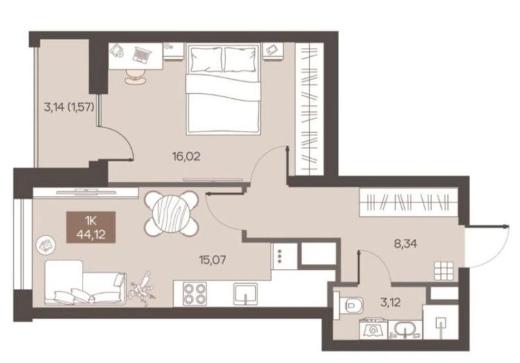 1-комн. квартира, Новостройка, 44.55м², 1/9 этаж