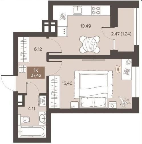 1-комн. квартира, Новостройка, 37.42м², 5/9 этаж