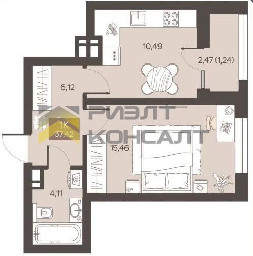 1-комн. квартира, Новостройка, 37.42м², 5/9 этаж миниатюра 15