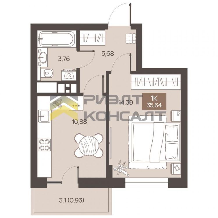 1-комн. квартира, Новостройка, 35.95м², 6/9 этаж миниатюра 15