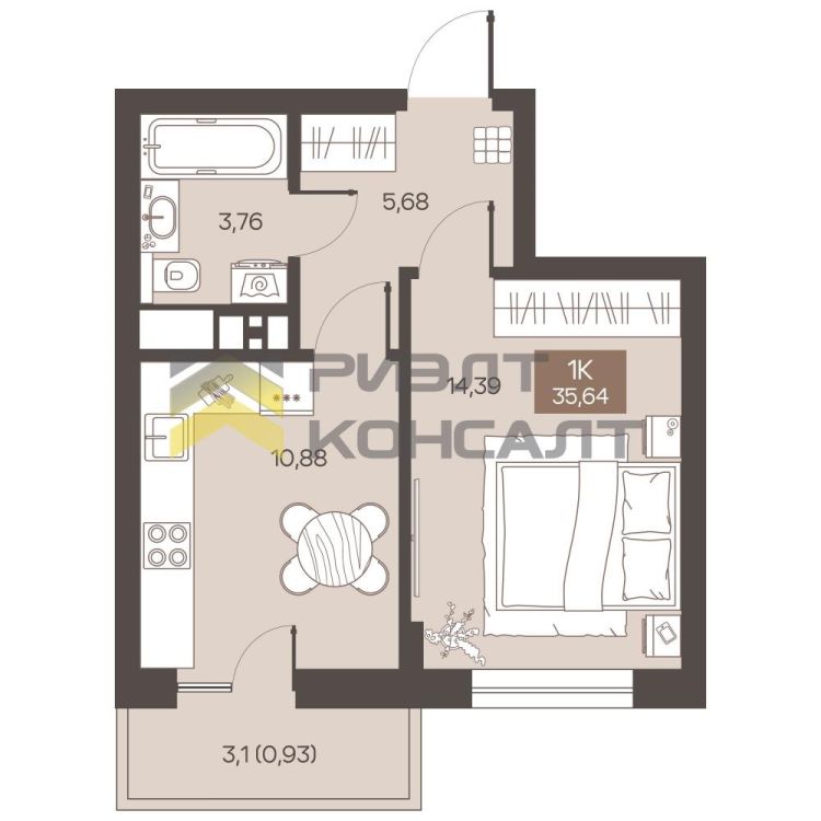 1-комн. квартира, Новостройка, 35.95м², 6/9 этаж миниатюра 14