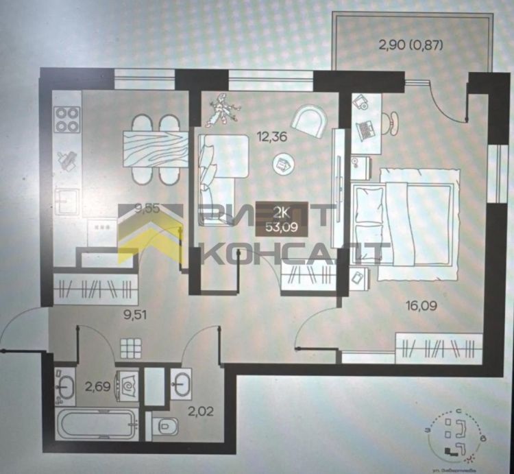 2-комн. квартира, Новостройка, 62.02м², 6/9 этаж миниатюра 14