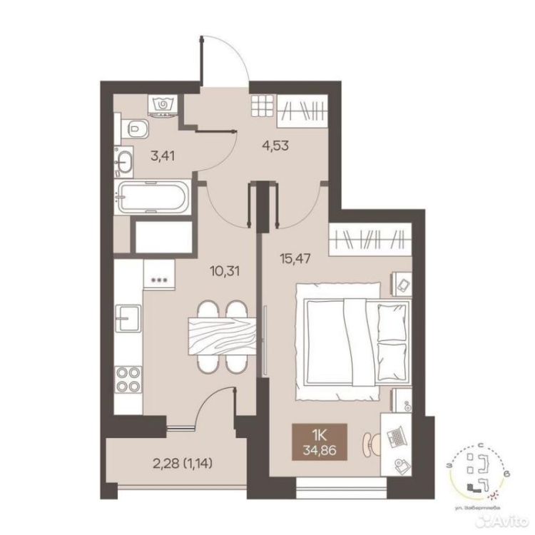 1-комн. квартира, Новостройка, 34.86м², 10/14 этаж
